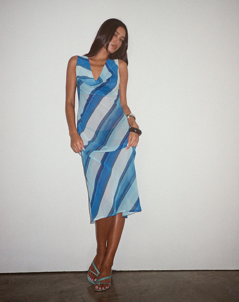 Anira Dress in Chiffon Painted Stripe Blue