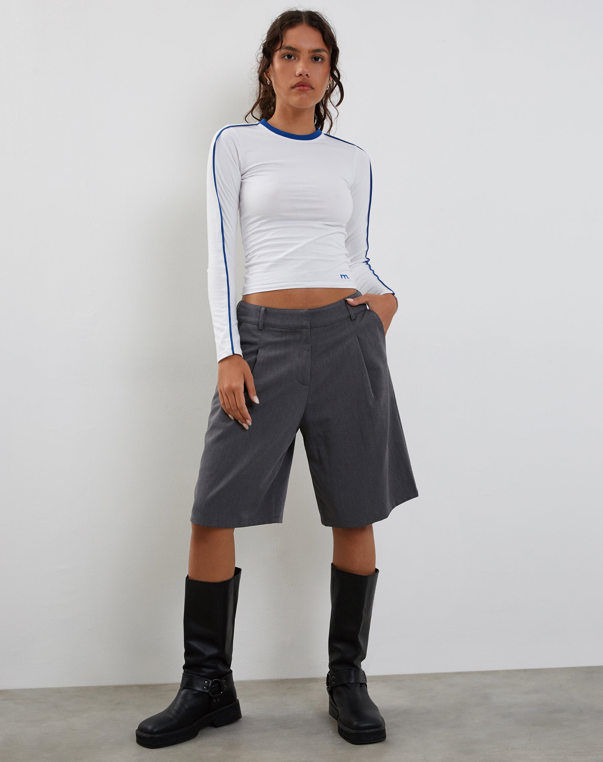 Bonija Long Sleeve Top in White with Cobalt Binding
