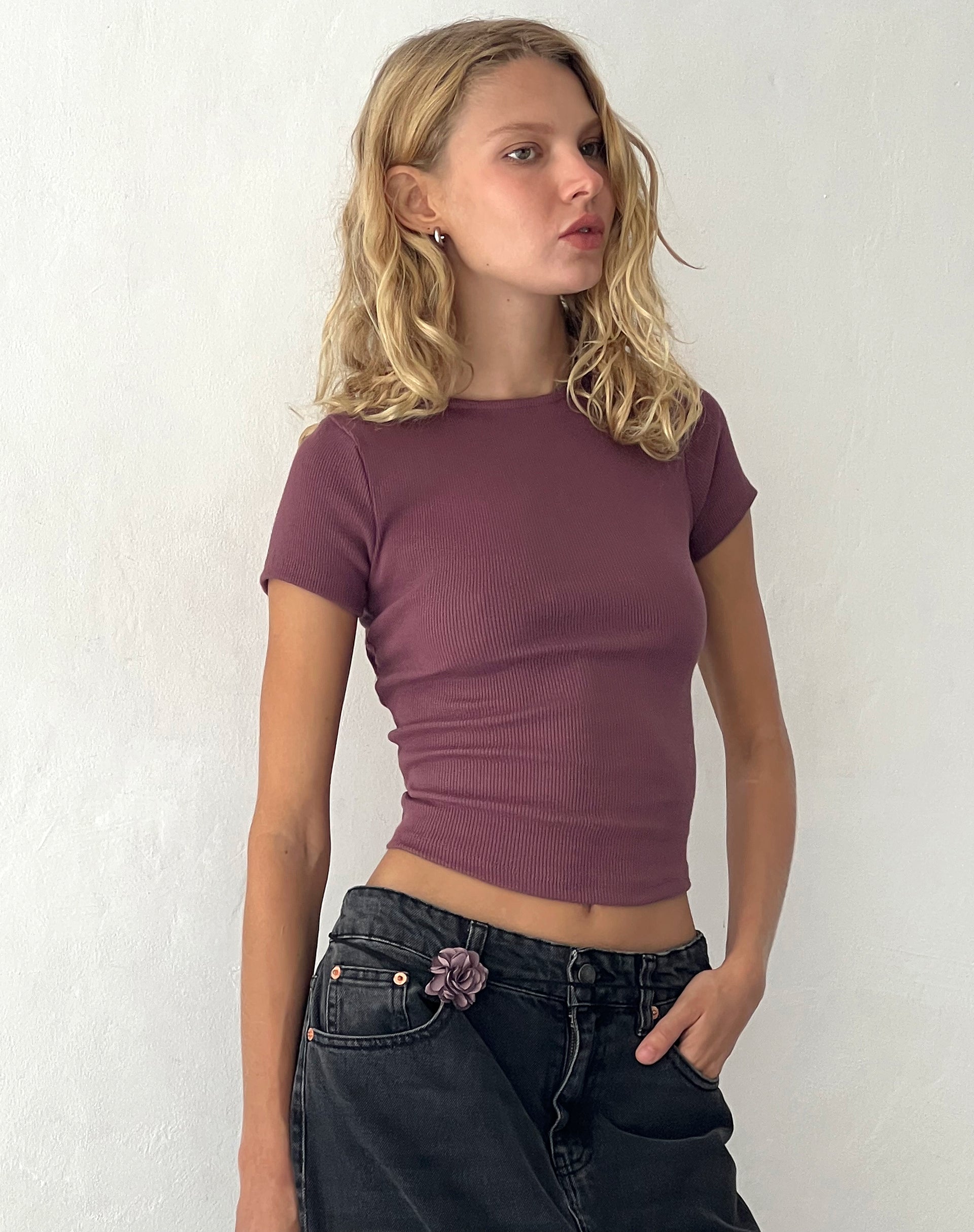 Elyto Ribbed Open Back Tee in Mauve
