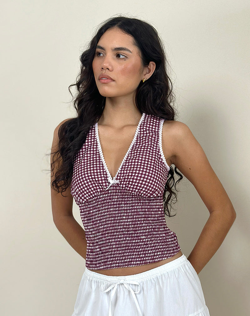 Hevalis Plunge Top in Mini Gingham Wine