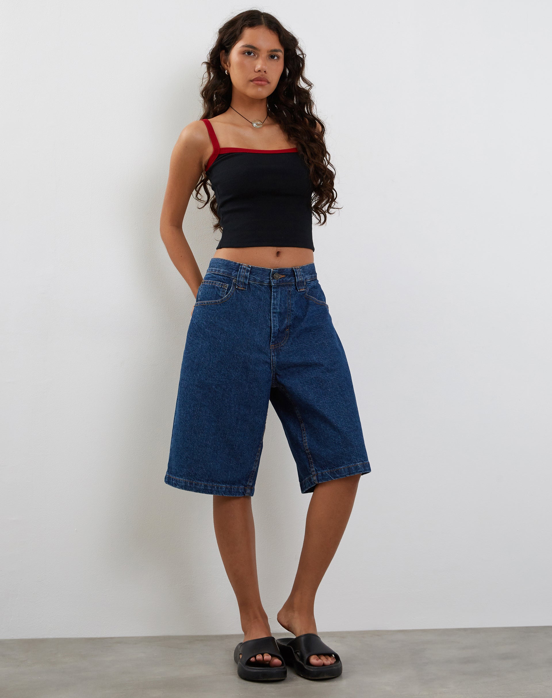 Icah Ribbed Vest Top in Black with Red Binding