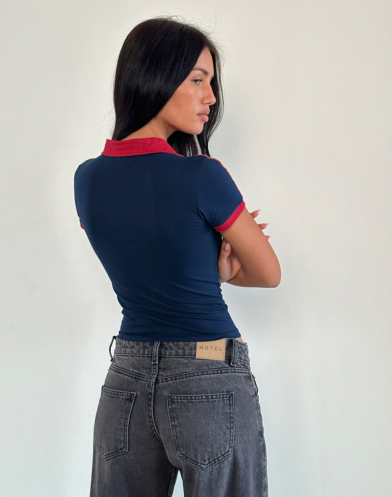 Isda Top in Navy with Adrenaline Red Binding and M Embroidery