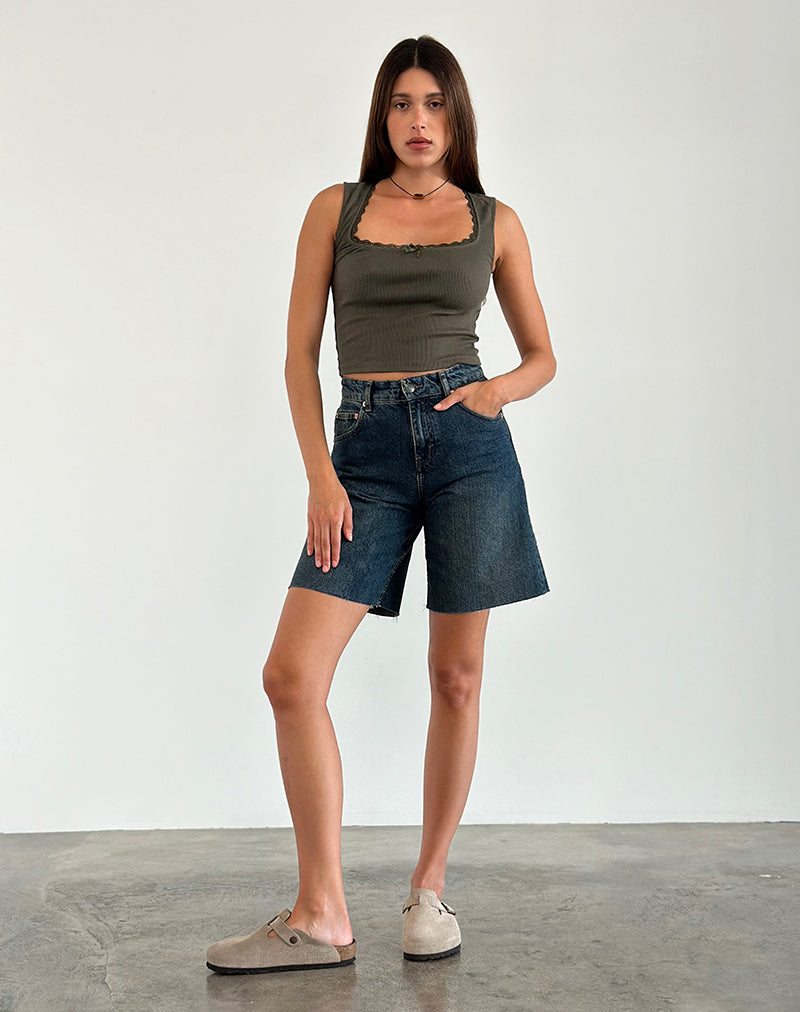 Jinila Top in Olive with Lace Trim and Bow