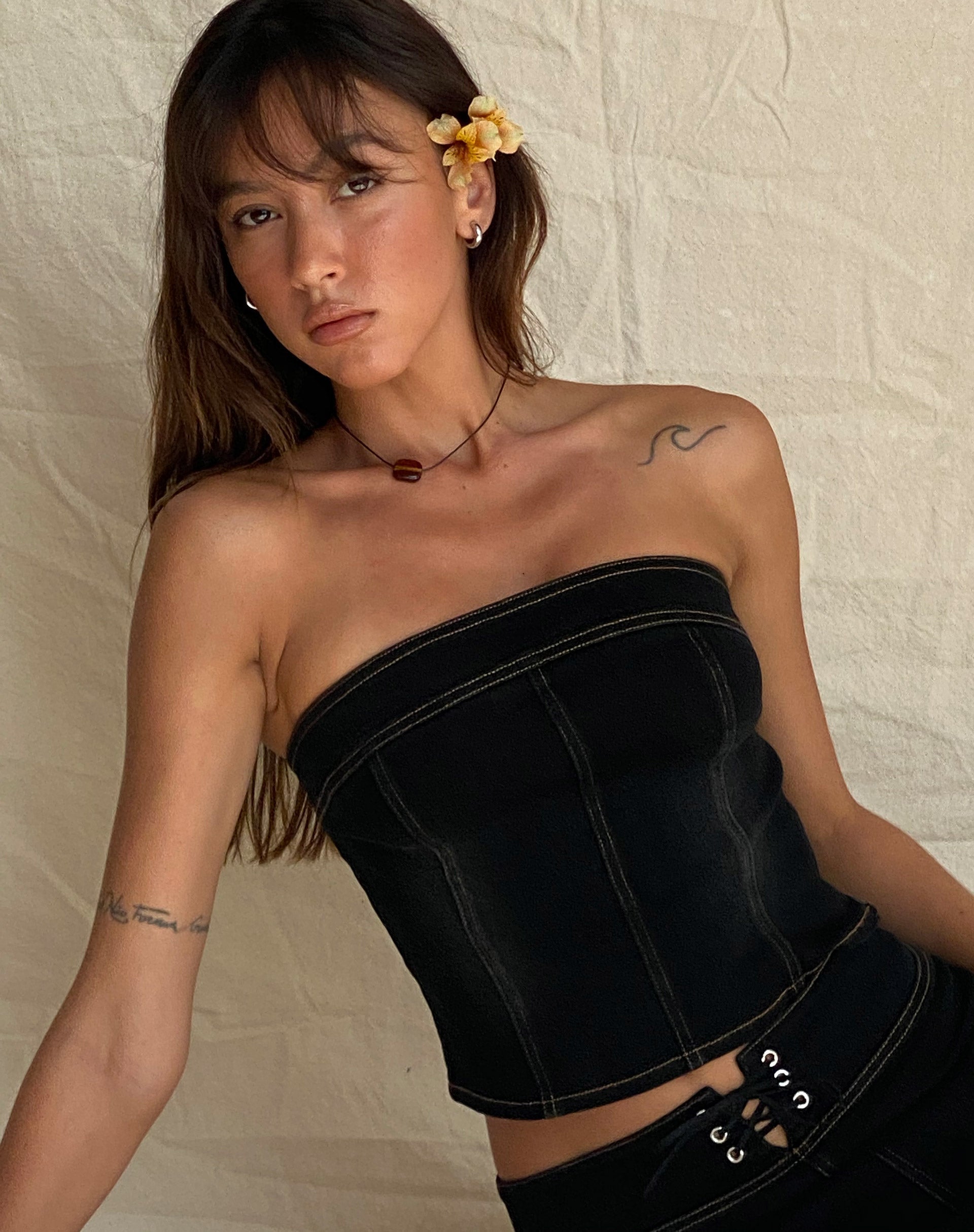 Kaiha Denim Bandeau Corset Top in Black Wash
