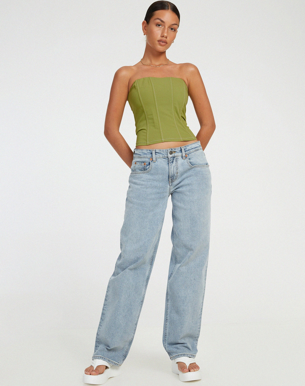 Kansa Corset Top in Pear Green with White Stitch