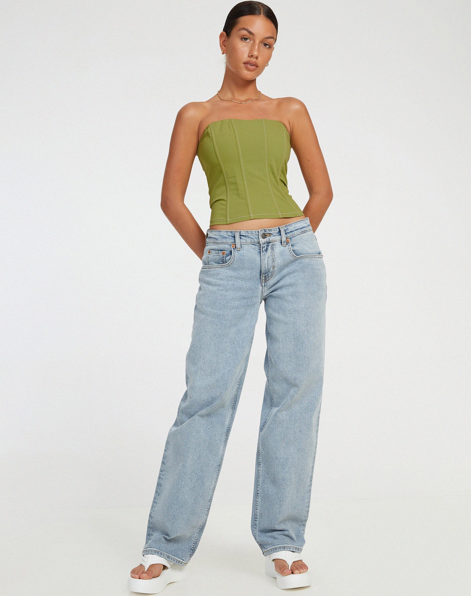Kansa Corset Top in Pear Green with White Stitch