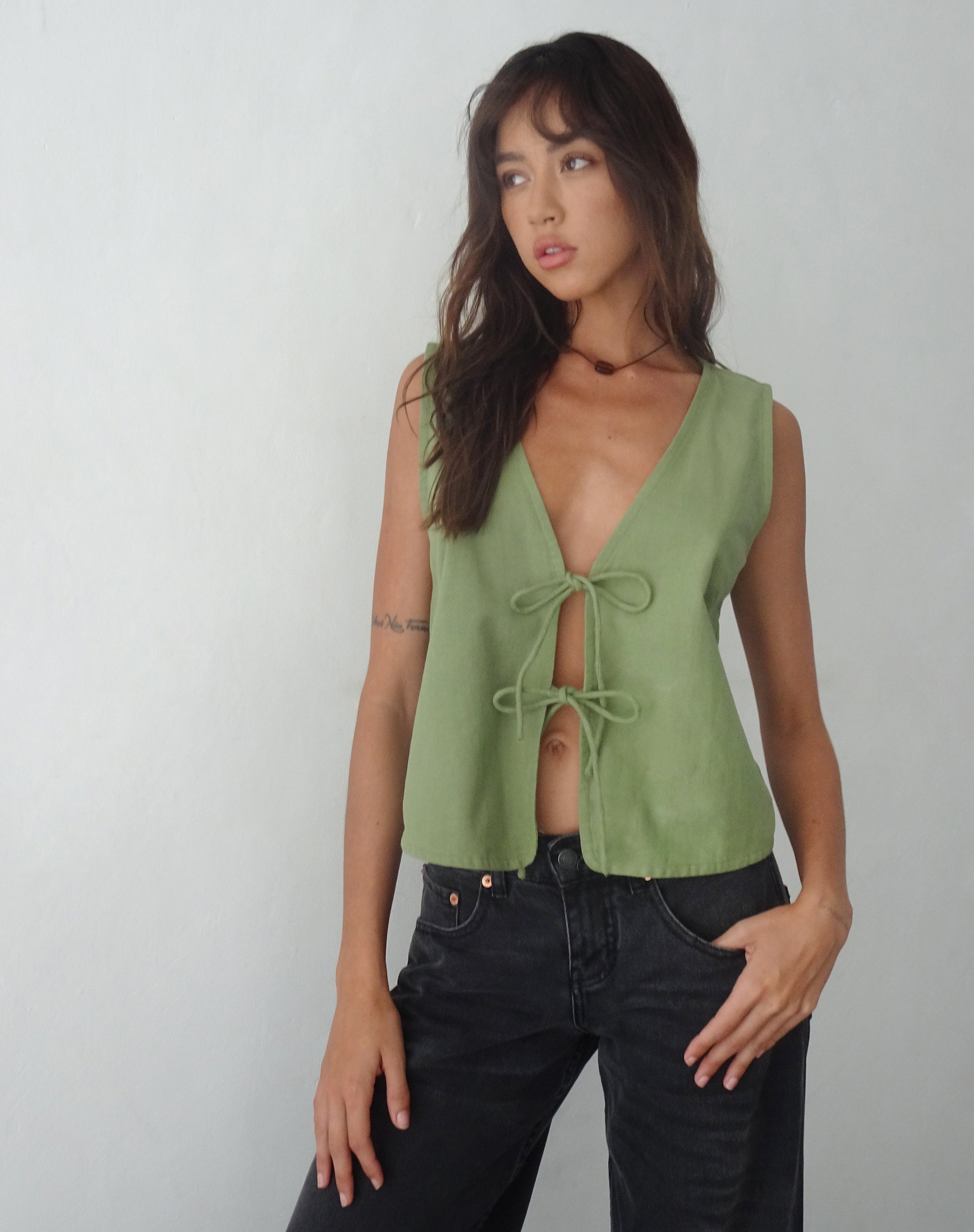 Kayve Tie Front Top in Dark Sage