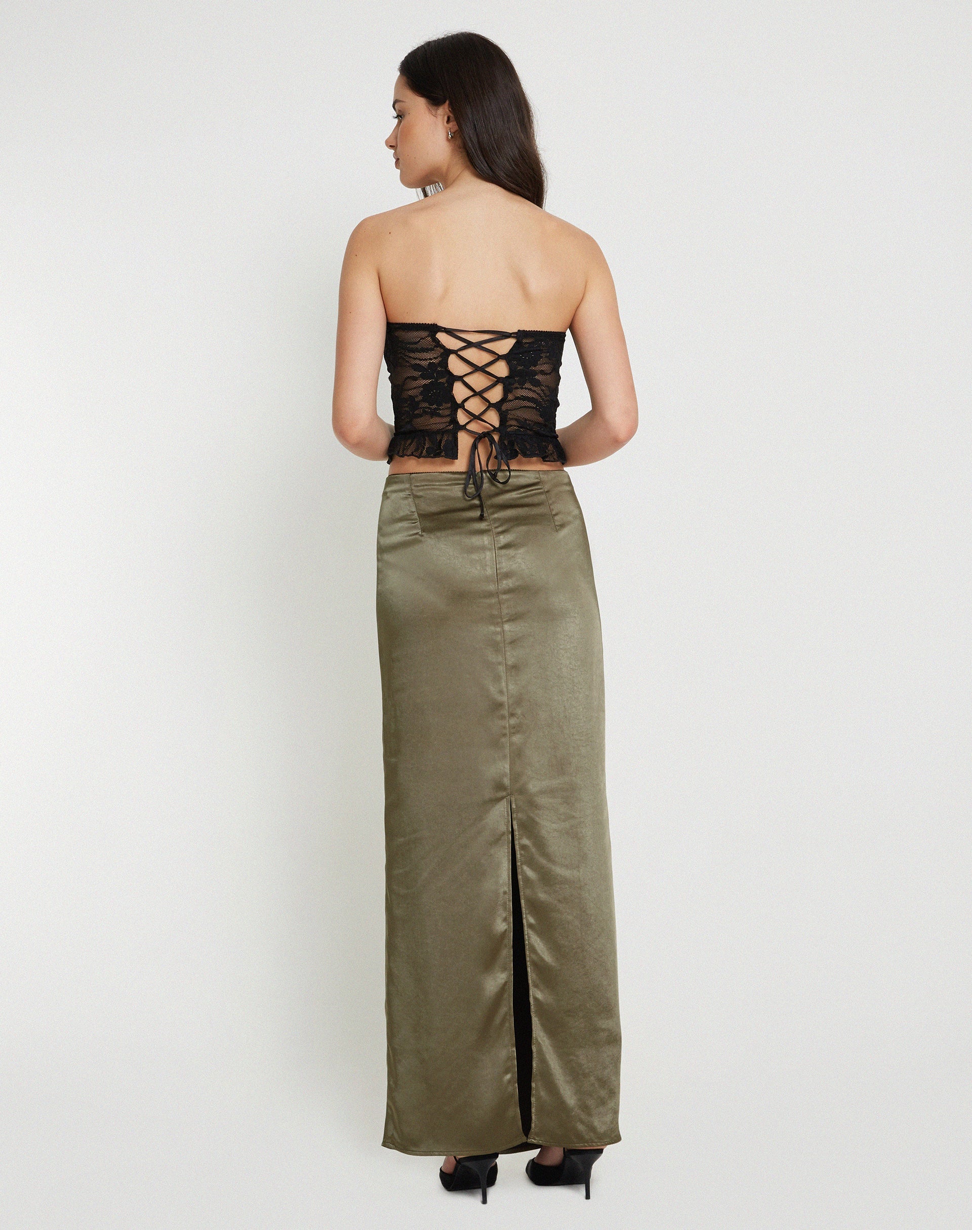 Layla Maxi Skirt in Satin Dark Olive