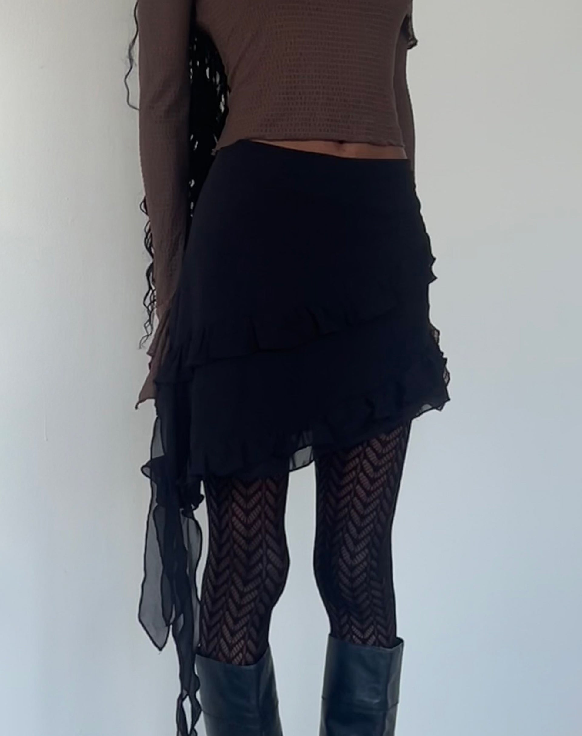 Malinna Ruffle Mini Skirt in Black Chiffon