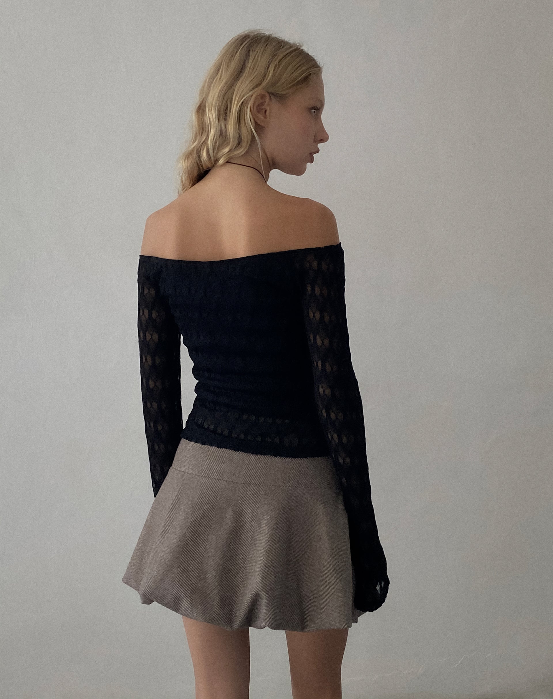 Neira Long Sleeve Bardot Top in Textured Knit Black