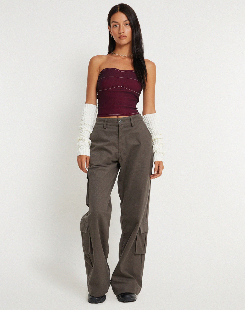 Nelly Cropped Corset Top in Burgundy with Ecru Stitch Detail
