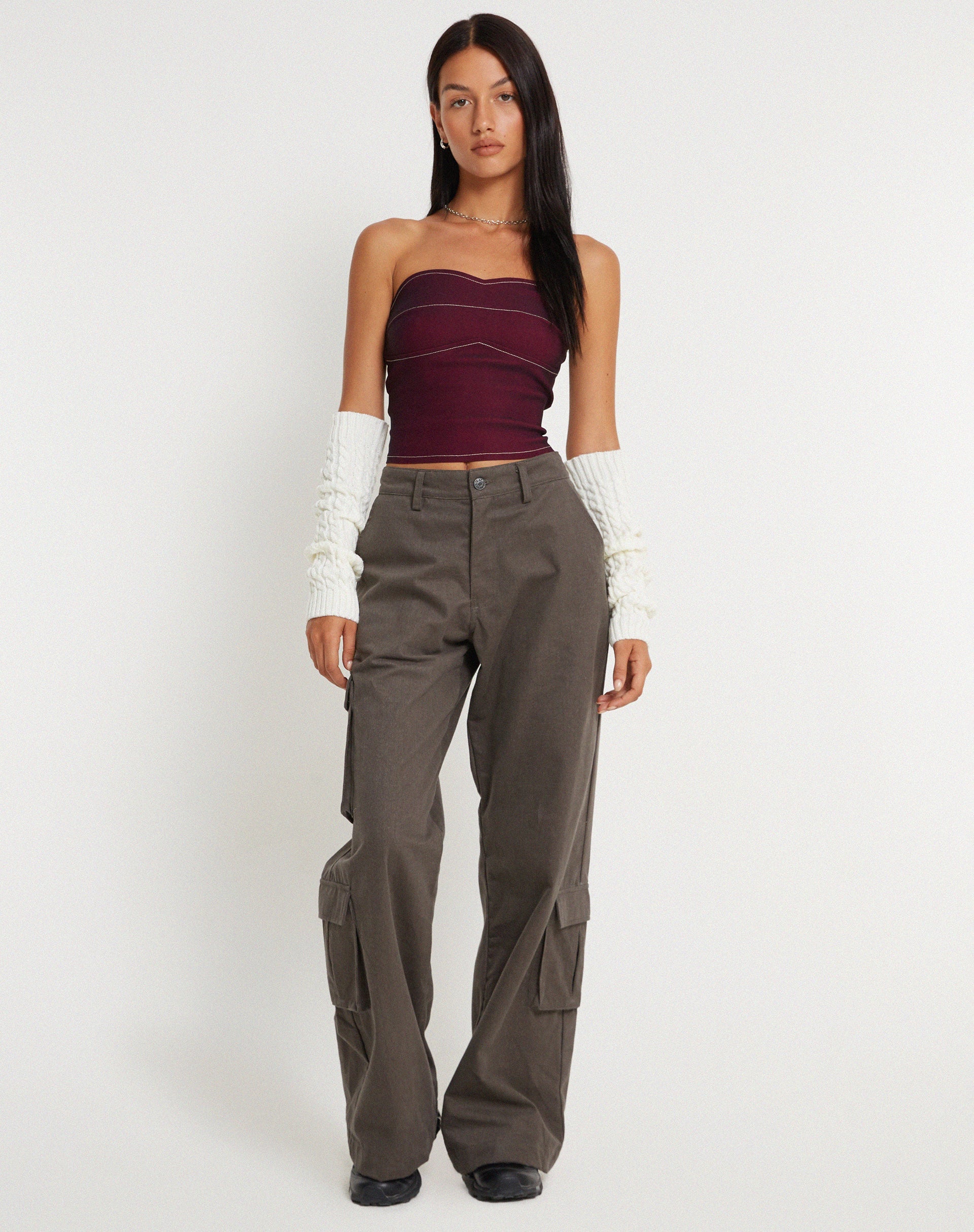Nelly Cropped Corset Top in Burgundy with Ecru Stitch Detail