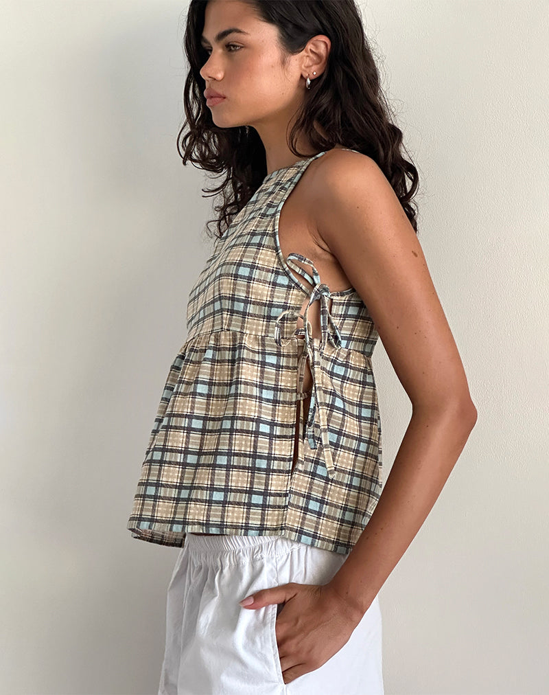 Palsi Loose Sleeveless Top in Pastel Blue Tartan