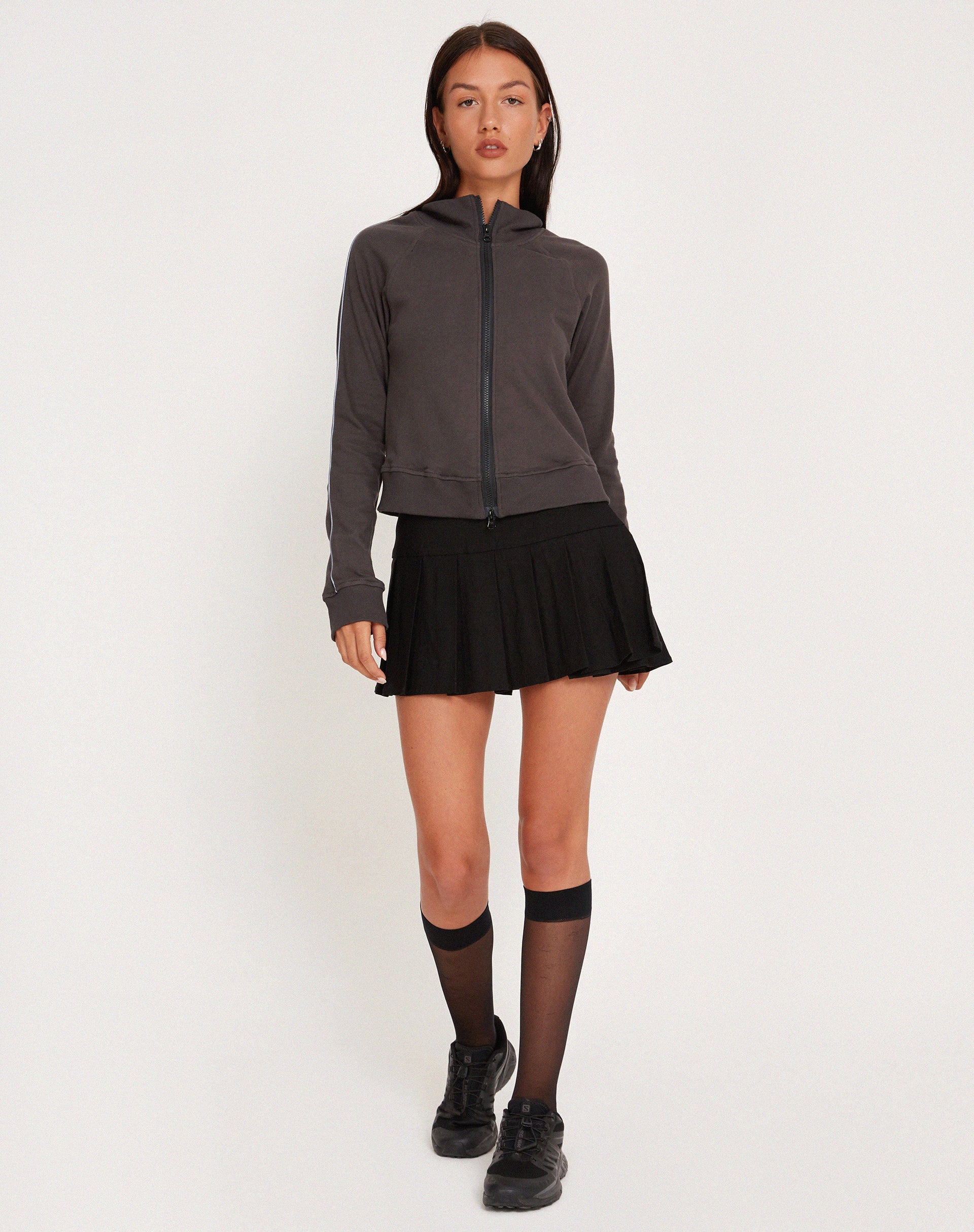 Sookie Zip Up High Neck Sweater in Beluga Grey Piping