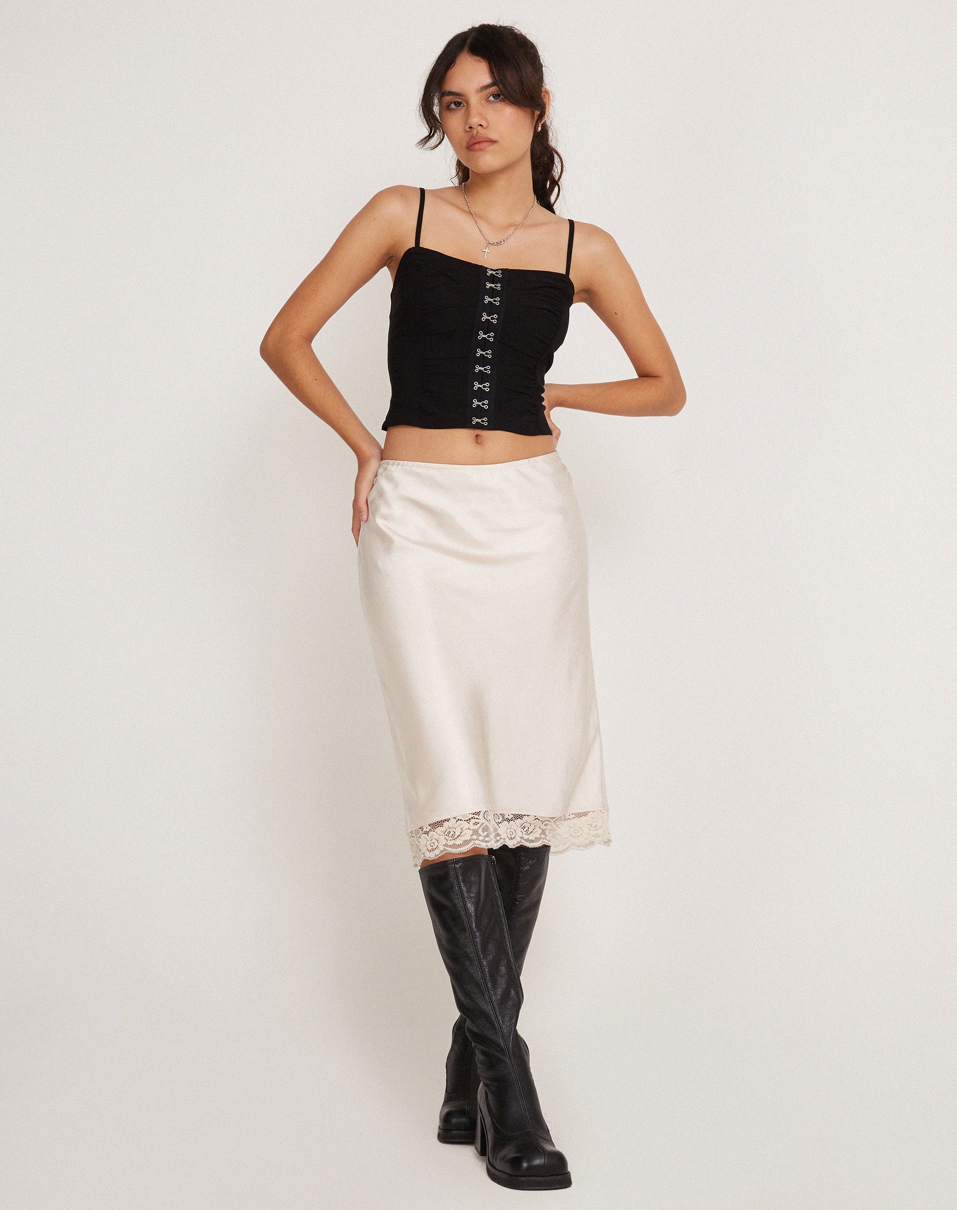 Resira Midi Skirt in Satin Pearled Ivory with Lace