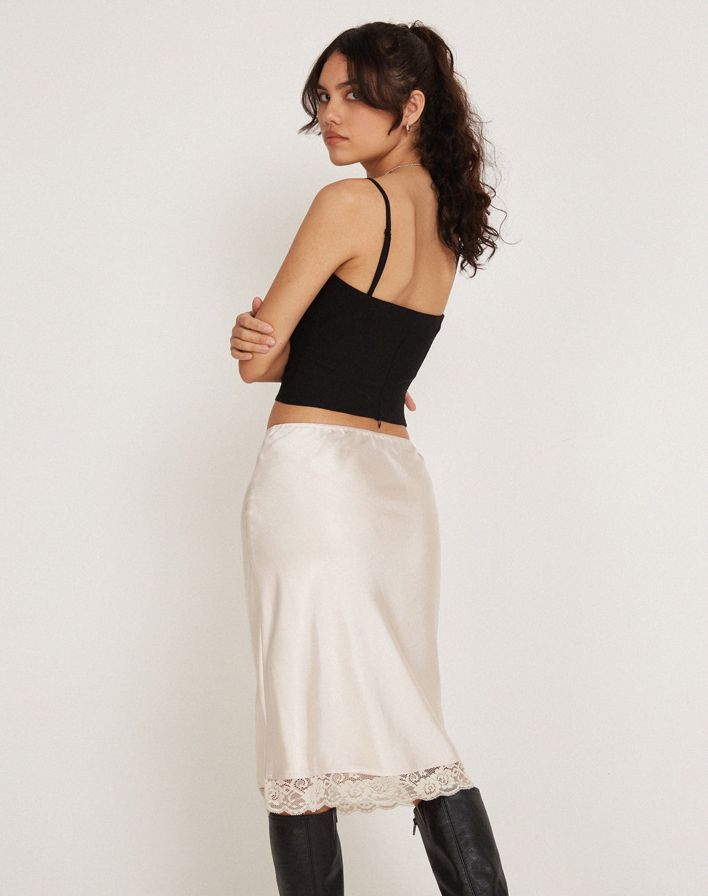 Resira Midi Skirt in Satin Pearled Ivory with Lace