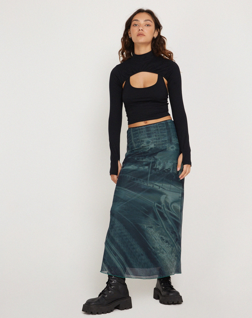 Rindu Midi Skirt in Cityscape Green