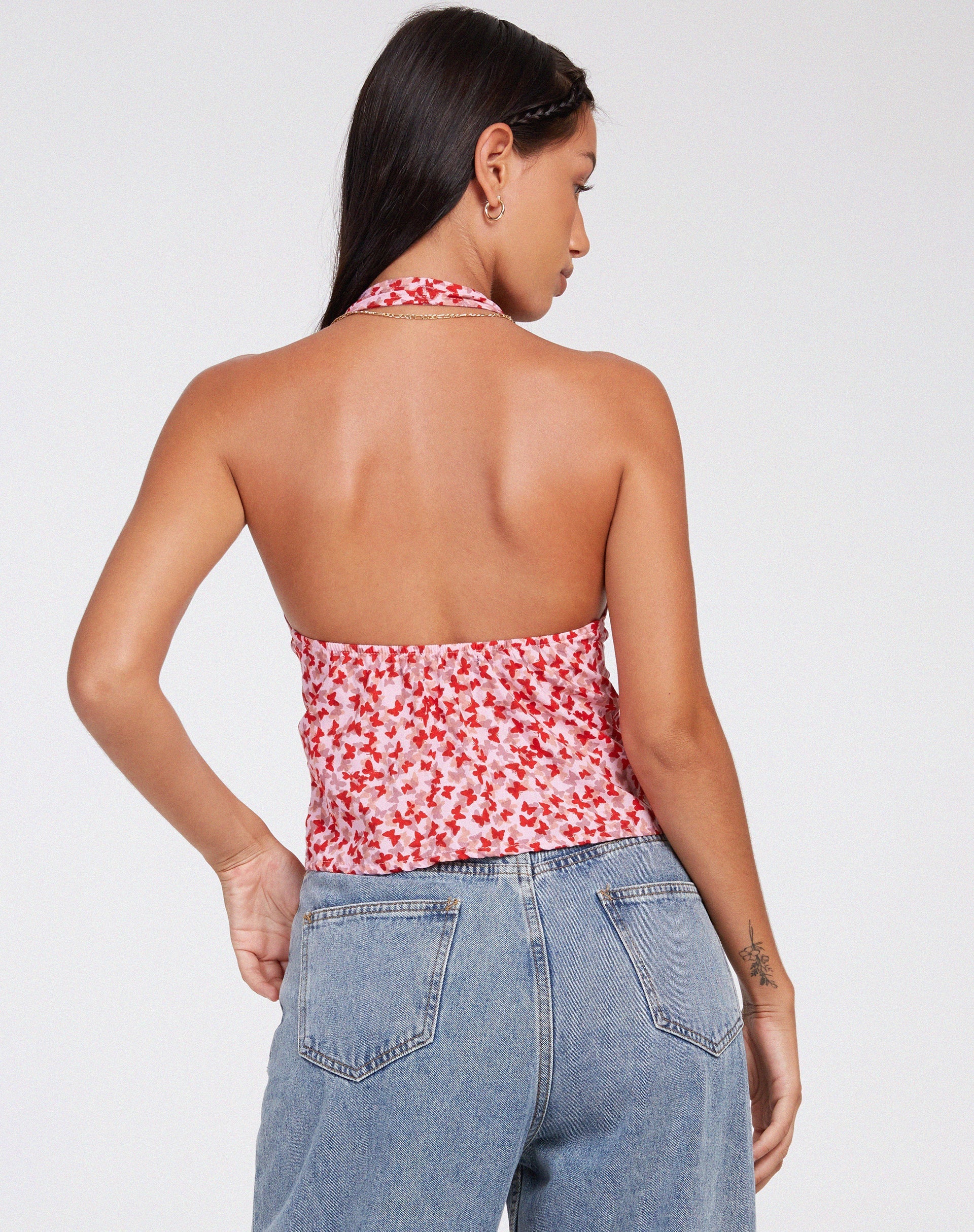 Roula Halter Top in Ditsy Butterfly Peach Red