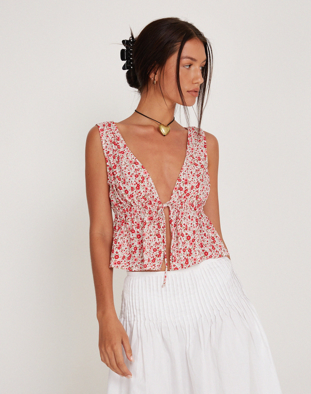 Rolia Tie Front Top in Ditsy Floral Blush Red