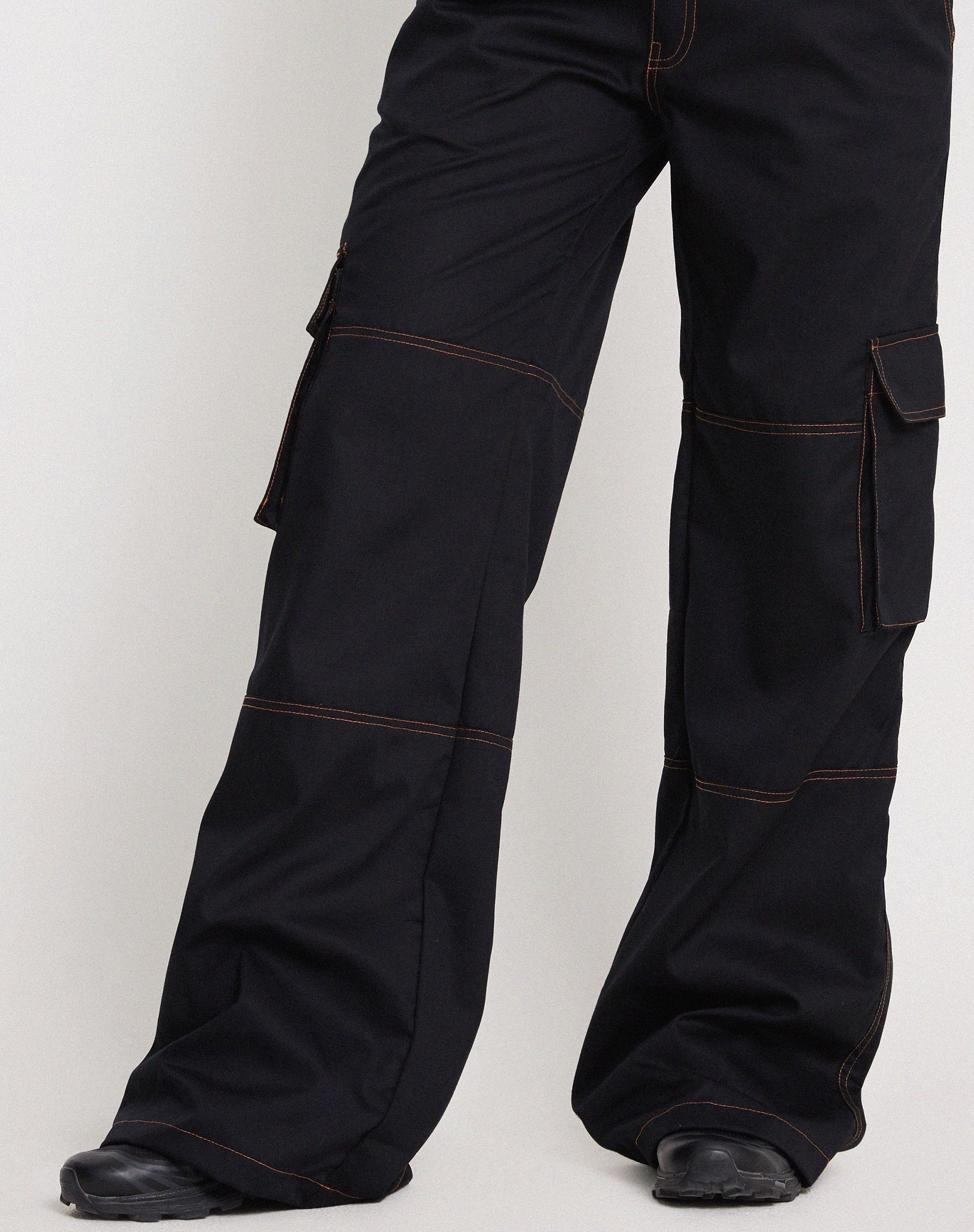 Saul Wide Leg Cargo Trouser in Black with Orange Stitching