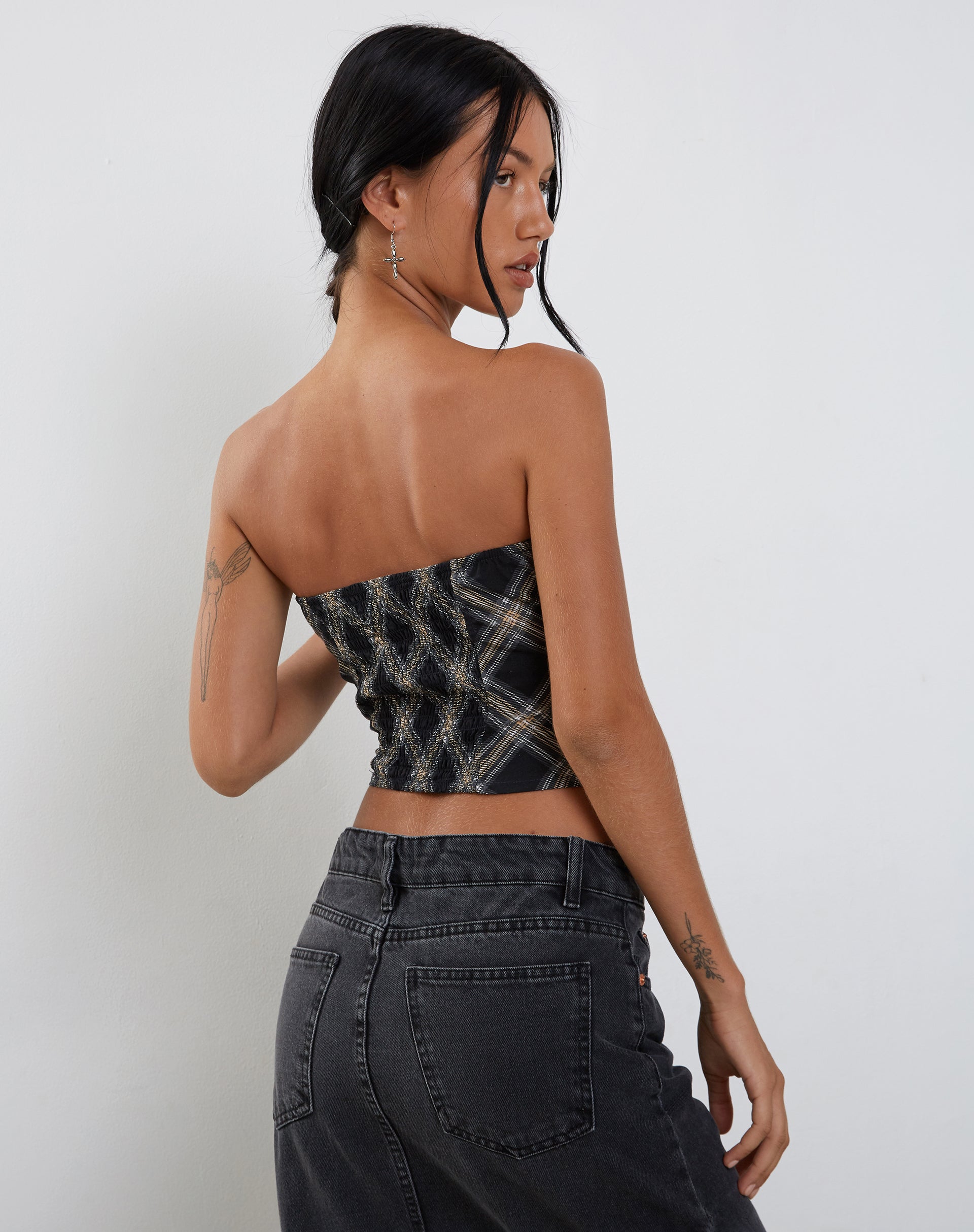 Shaloe Bandeau Top and Scarf Set in Black and Grey Check
