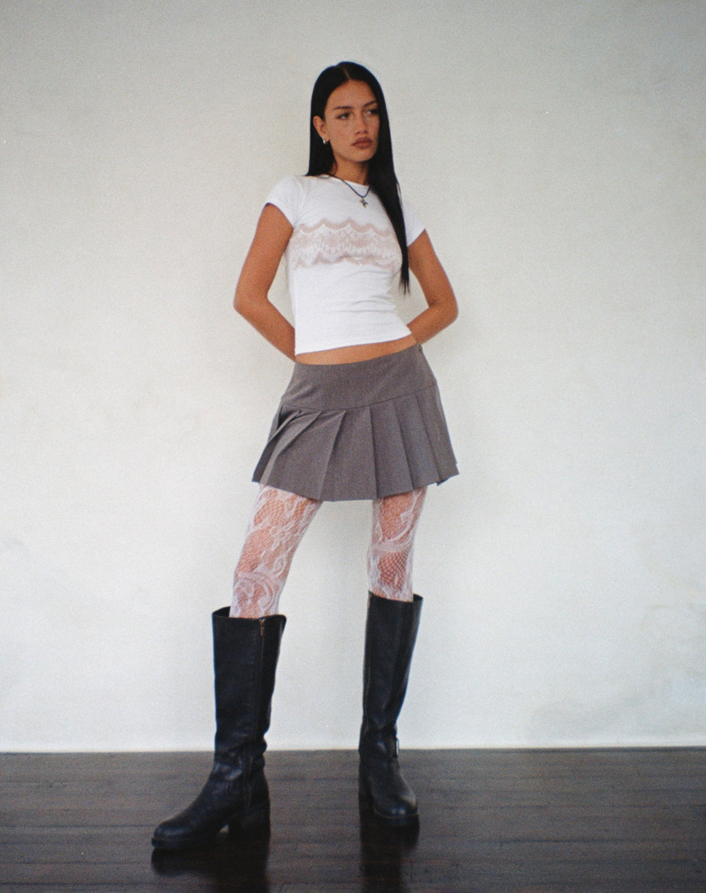 Tiona Baby Tee in White with Lace Print