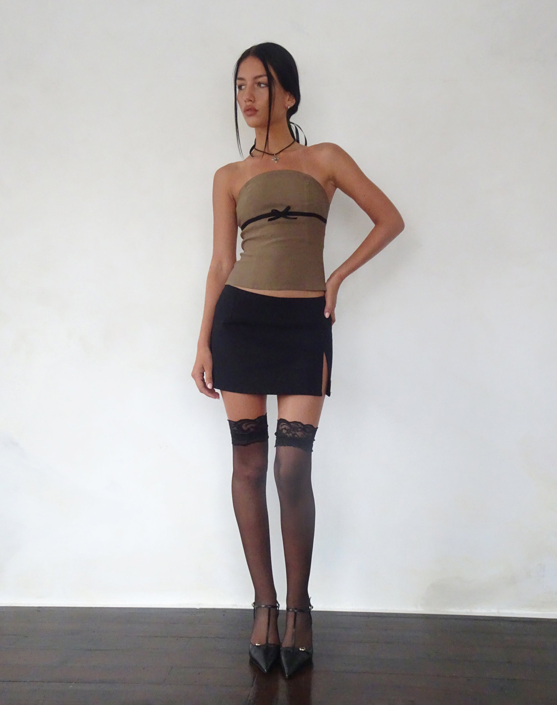 Woyla Bandeau Top in Coco with Black Bow