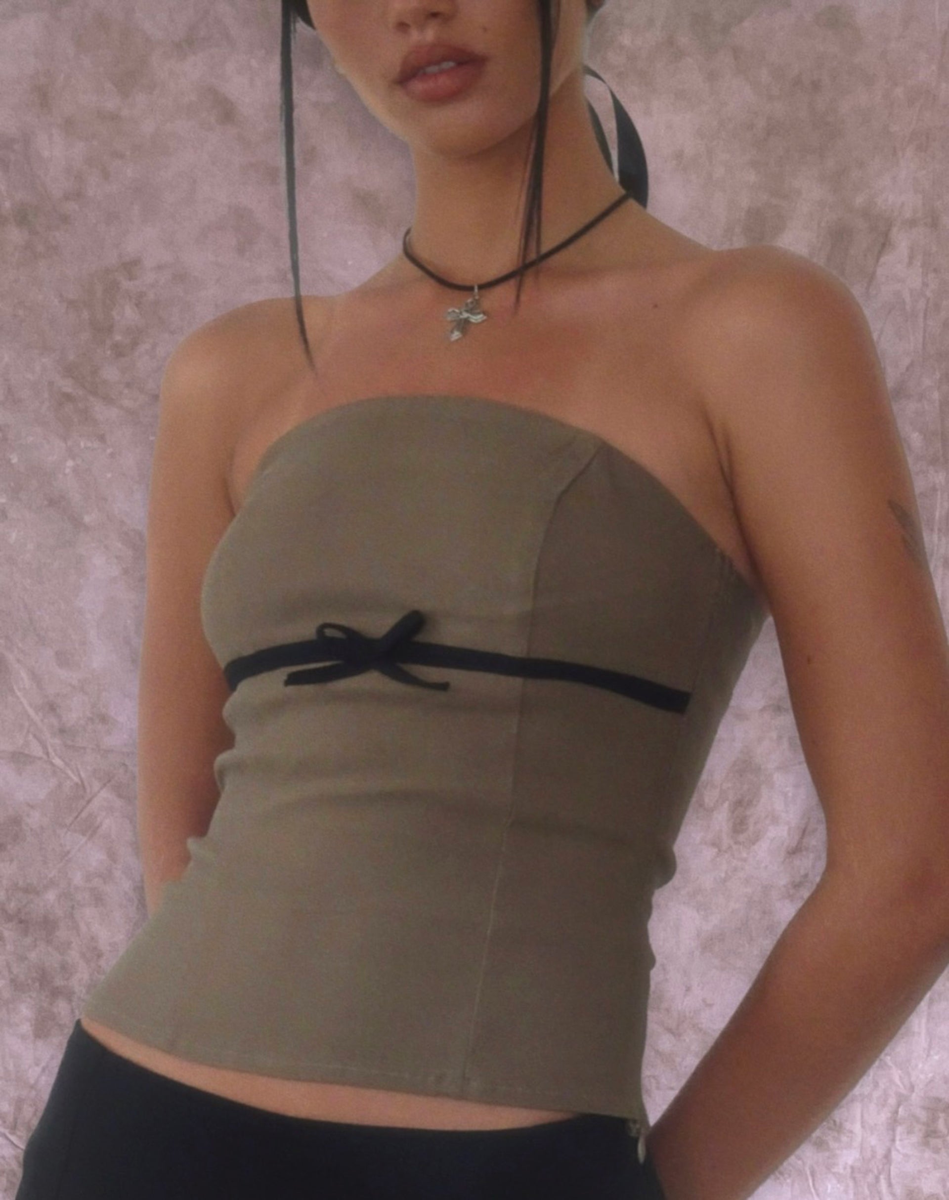 Woyla Bandeau Top in Coco with Black Bow